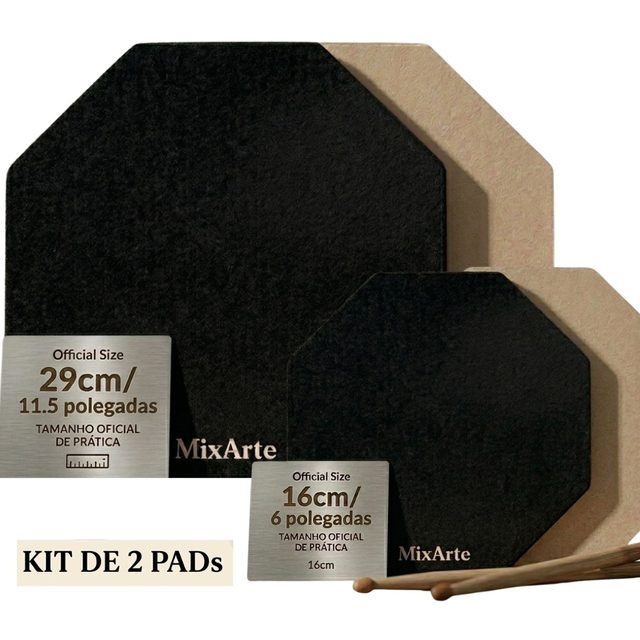 Kit com pad de 29 cm, pad de 16 cm e par de baquetas, marca MixArte